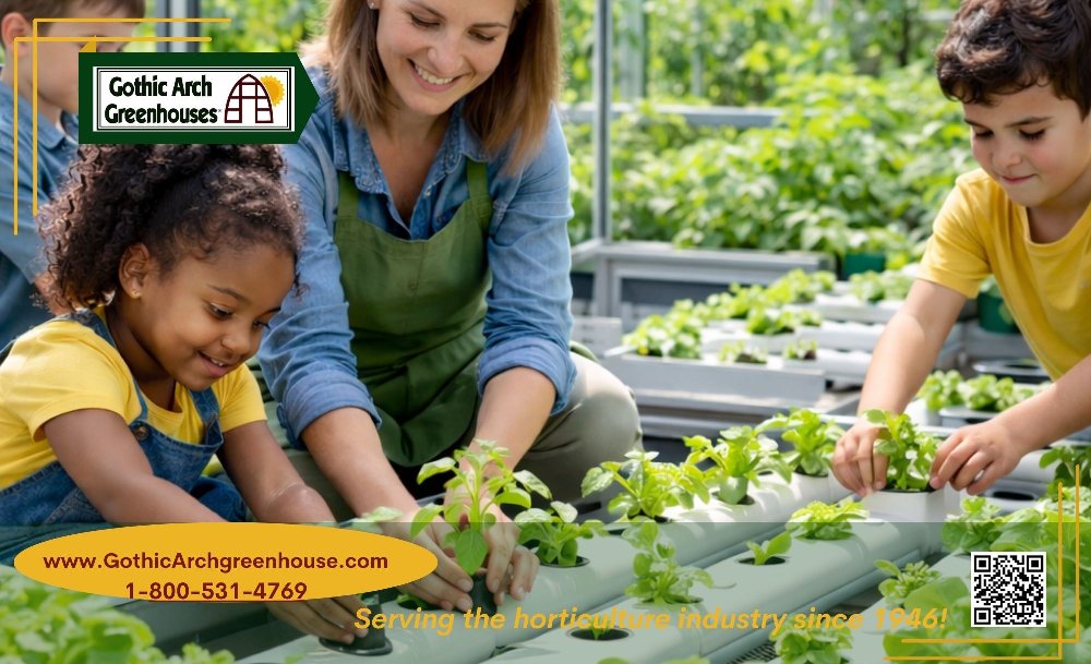 Children and teacher planting vegetables inside a school greenhouse with bright natural light